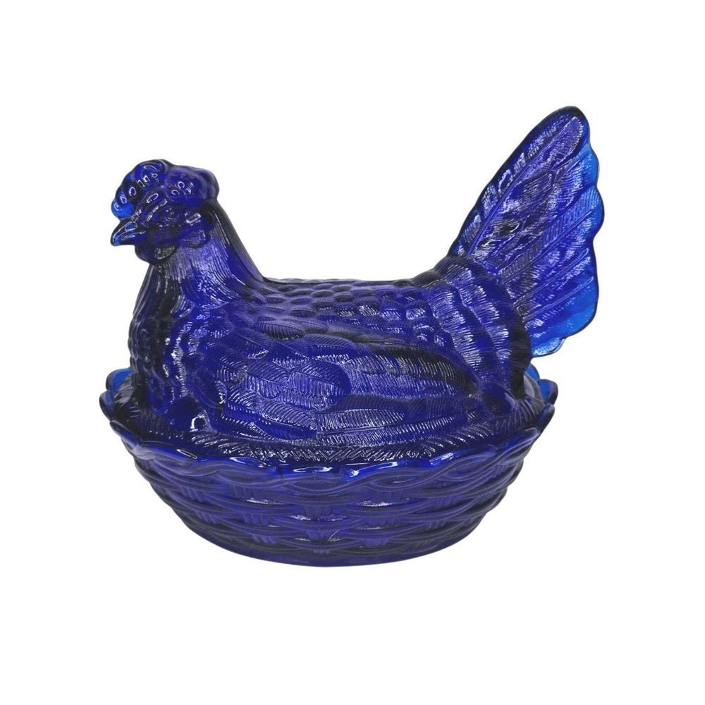 Vintage Cobalt Westmorelan Blue Glass Hen on Nest Covered Dish Large 8" Chicken